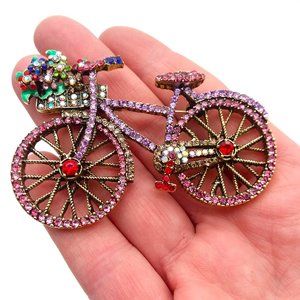 Brooch Bicycle Rhinestone Colorful Sparkle Bike Large Flowers Basket Glam Trendy